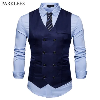 Brand Mens Double Breasted Suit Vest 2018 Fashion Slim Fit Sleeveless Waistcoat Men Business Wedding Vests Gilet Costume Homme showersmile mens double breasted vest suit black dress waistcoat for men slim fit sleeveless jacket male spring autumn gilet