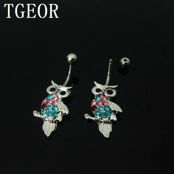 

Free shipping Charm 20pcs Stainless Steel Owl gem colors crystals navel piercing belly button ring