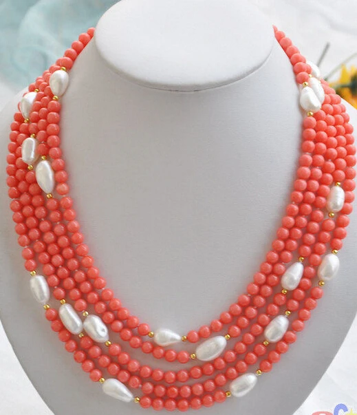 

Hot sale Free Shipping>>>>>natural 5row 21" pink coral bead white baroque pearl NECKLACE