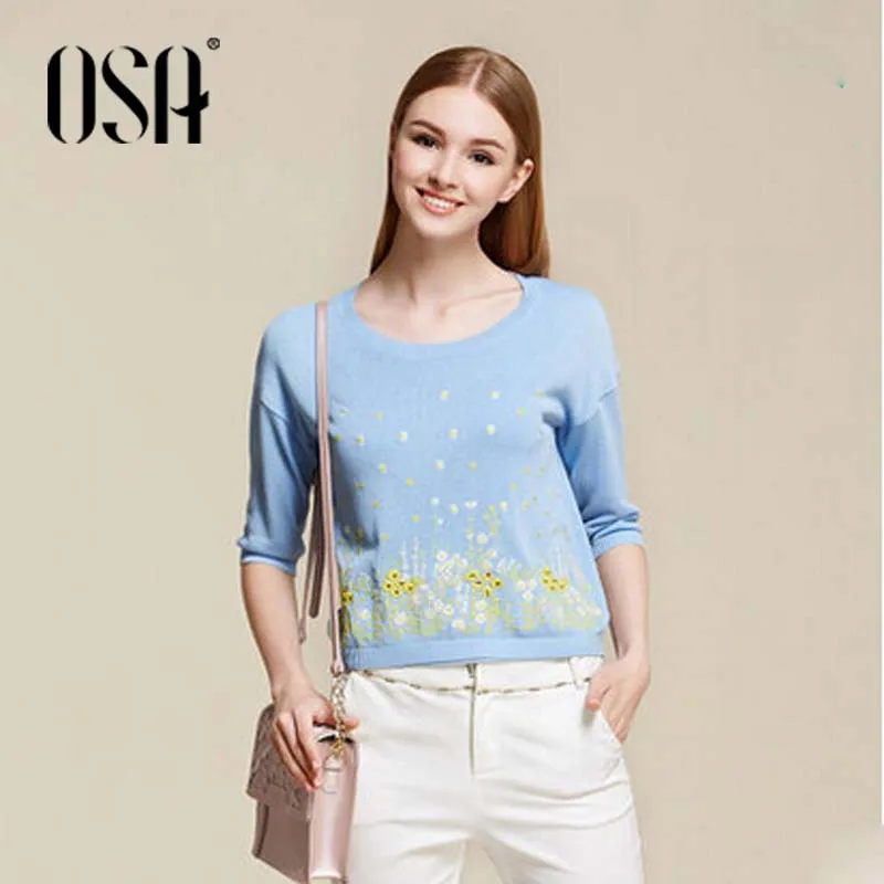 OSA autumn new women daisies embroidered sleeve sweater female knitwear