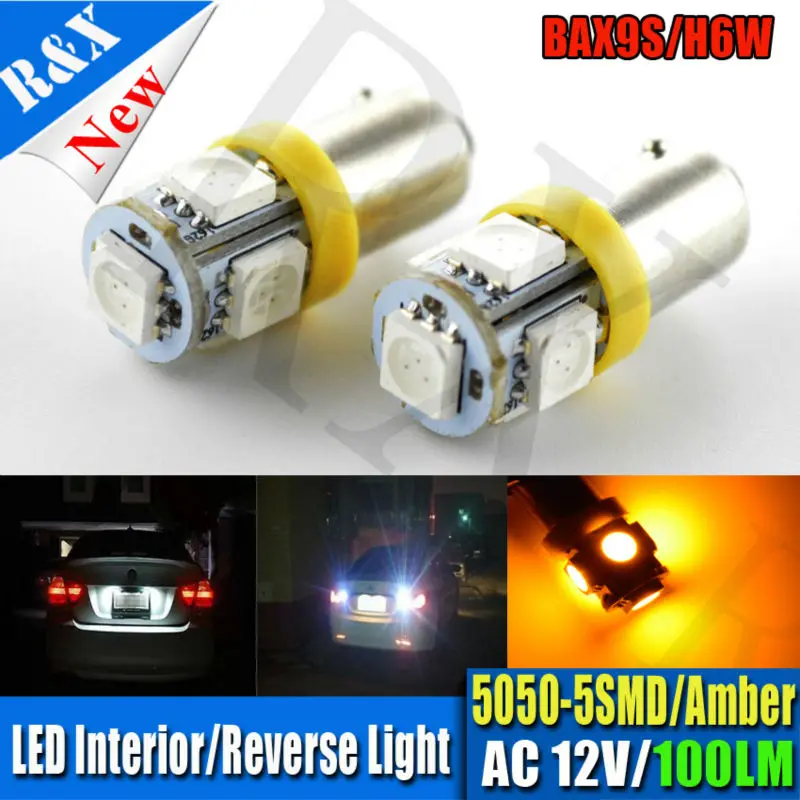 2PCS BAX9S H6W 5 5050SMD Yellow AC12V LED Side Parking Light Bulbs Car
