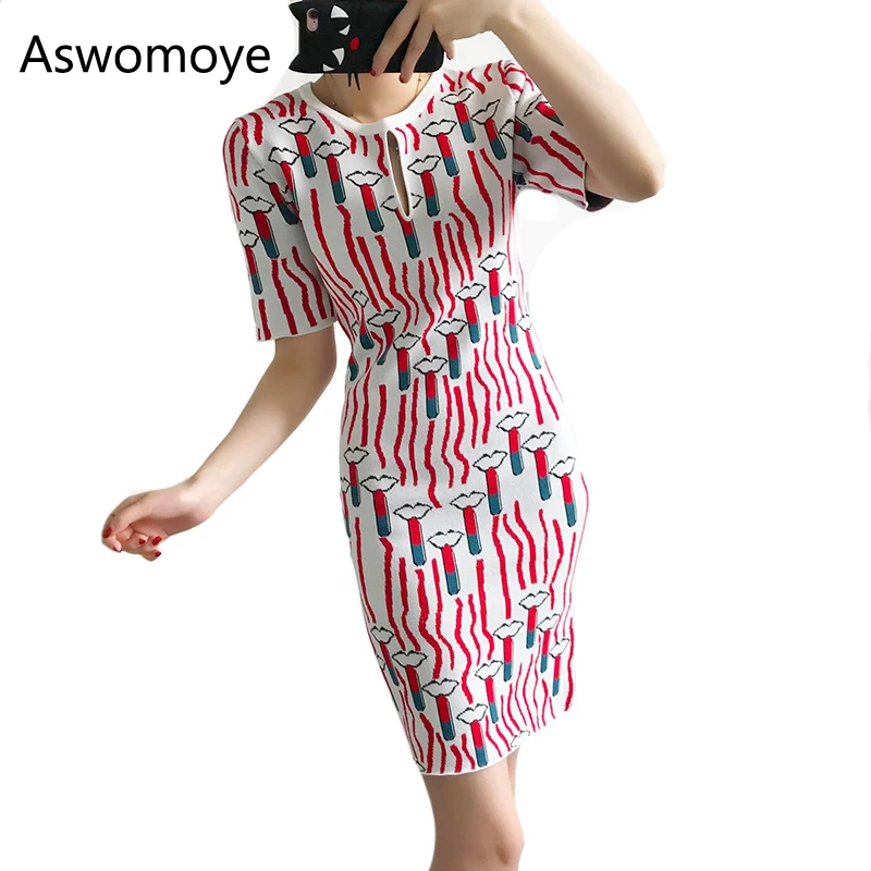 

2018 Spring and Summer New Fashion Women Dress Knitted Sweater Pullover Dresses Patern Lips Jacquard Female Short Sleeve