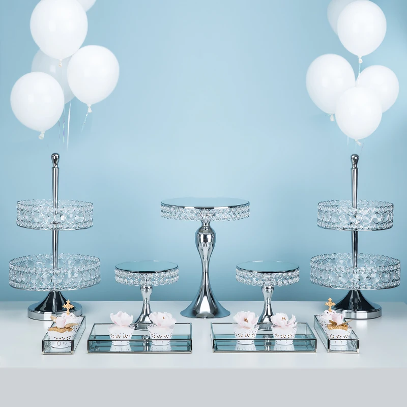 

Gorgeous crystal cupcake stand mirror face 2/3 tiers silver cake tools for wedding party dessert cake table decoration