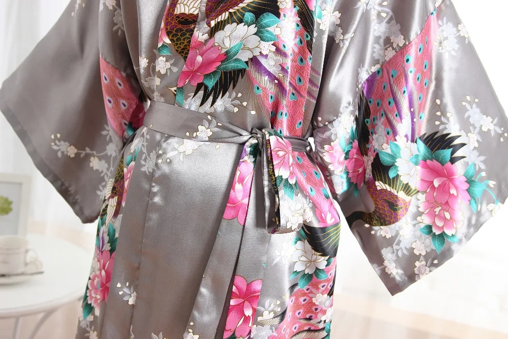 Серый Павлин леди короткий атласный халат женская ночная рубашка для отдыха нижнее белье с поясом кимоно халат пижамы