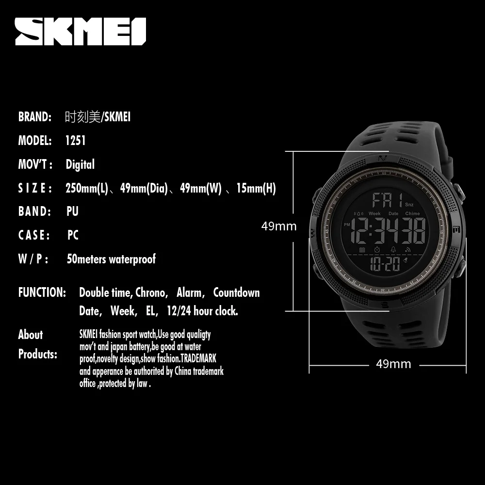 SKMEI – montre de sport pour hommes, numérique, étanche, LED, compte à rebours, à la mode, style militaire