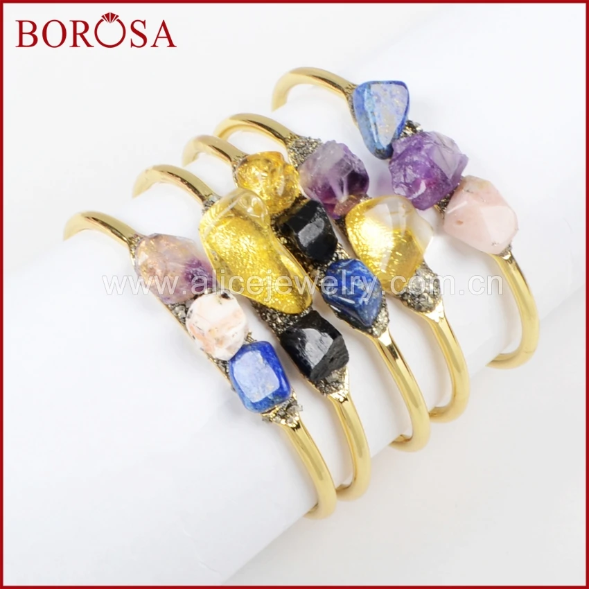 

BOROSA Clearance Sale 5/10PCS Gold Color Fashion Natural Multi-Kind Stones Bangle Natural Stone Bracelet Jewelry for women G1022