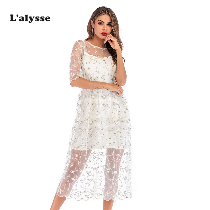 

LALYSSE Women Summer Dress Sweet Floral Embroidery Two-piece Set Mid-length Dress A-line Spaghetti Strap Dress Slim Fashion New