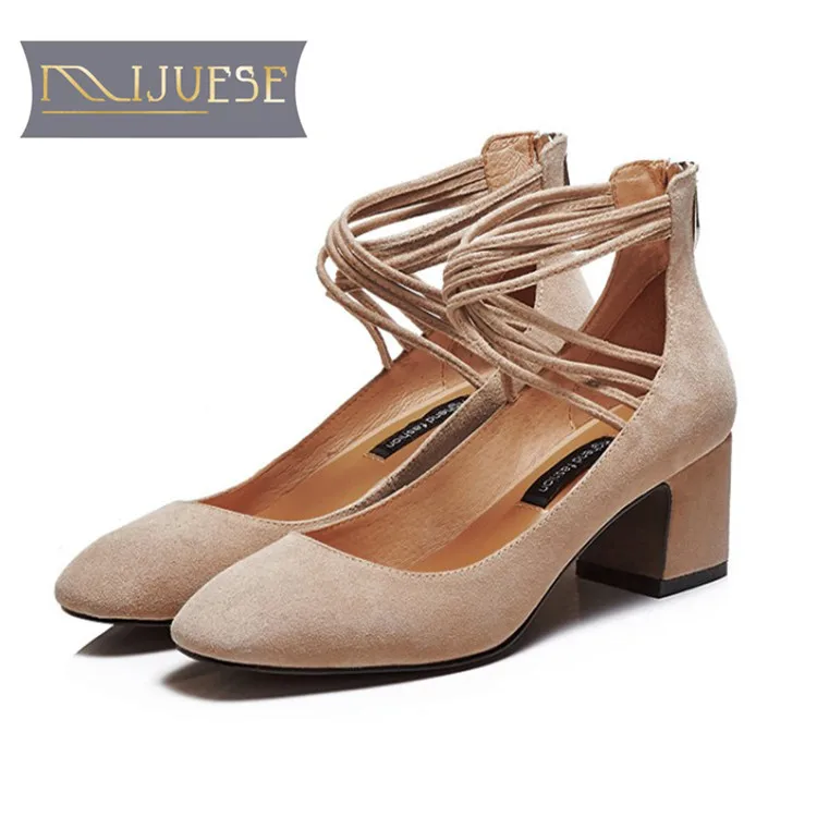 MLJUESE 2018 women pumps Kid Suede autumn spring apricot color cross
