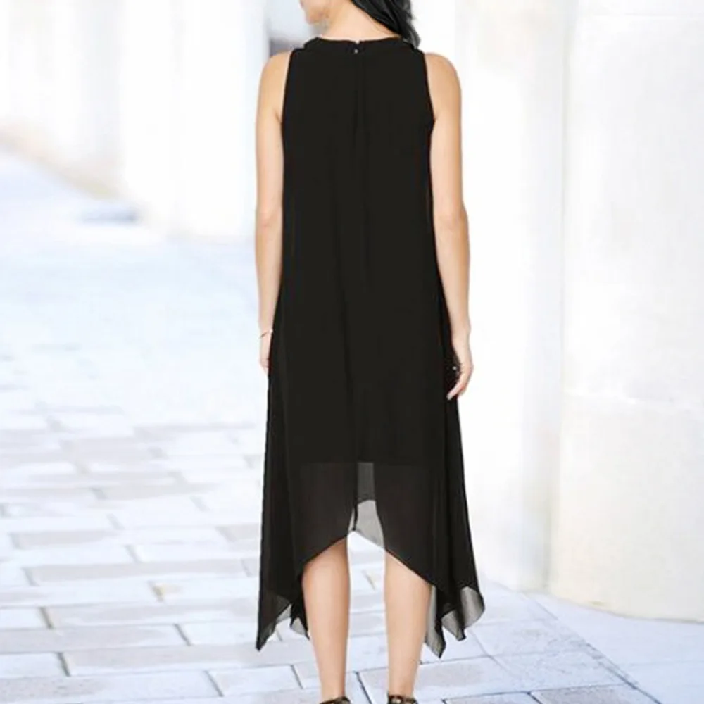 Chiffon Thin Lightweight Summer Sleeveless Dress Casual Sleeveless Beads Collar Irregular Hem Solid Party Dress 40MY15 (7)