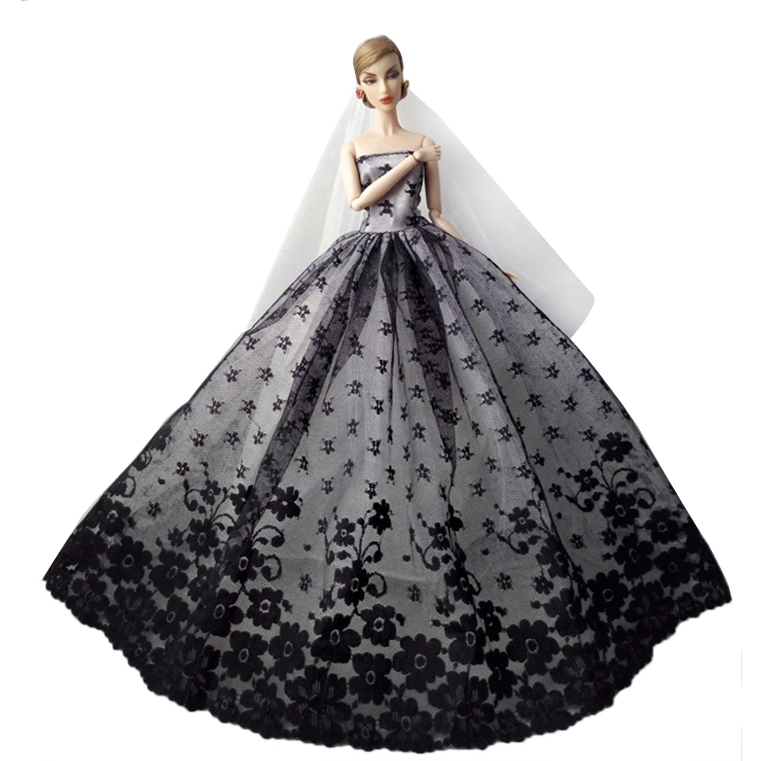 Besegad Mini Girl Doll Long Lace Gauze Dresses Evening Princess Gown Wedding Embroidered Clothes Accessories for Barbie Toy - Цвет: Black with Veil