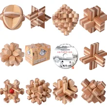 10 шт./лот бамбук с CD игрушки Классический IQ 3D деревянные блокировка заусенцев паззлы ум головоломка игра игрушка для взрослых детей