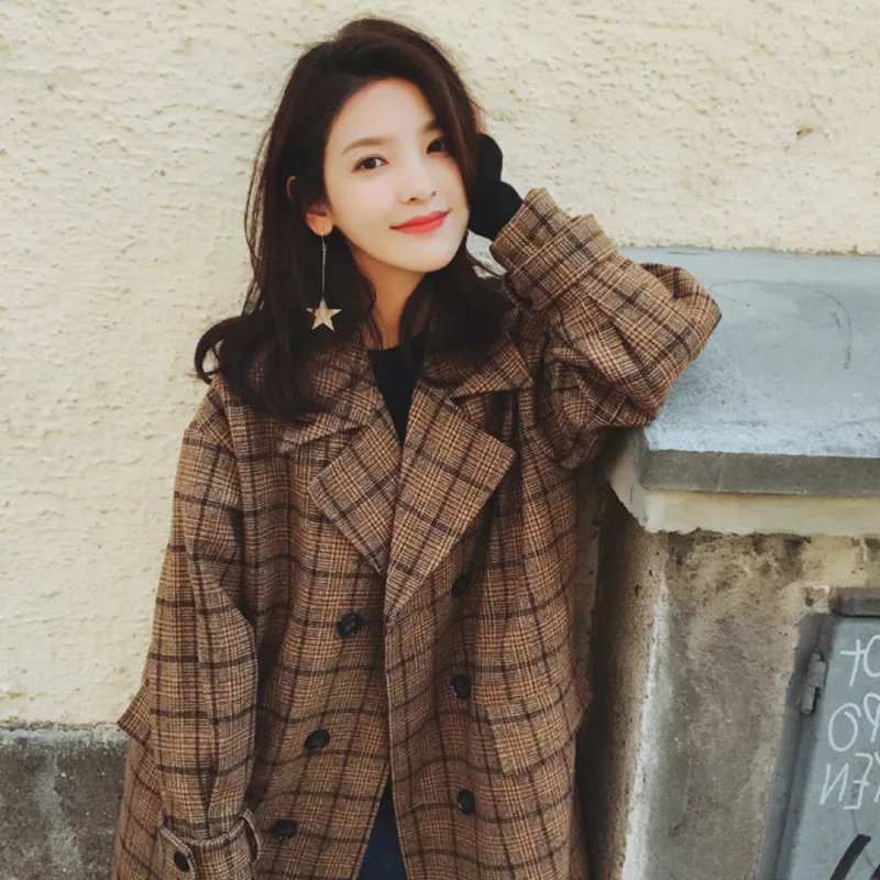 

Vintage Plaids Clothes Loose Woollen Coat Women's New Checked Coat Baggy Silhouette Overcoat Tweeds Winter female Outerwear