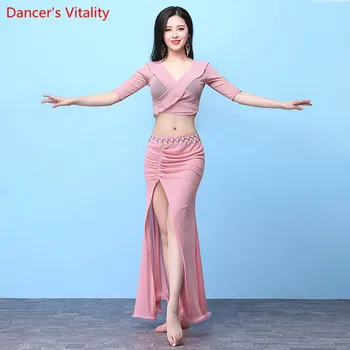 

2018 New Arrival Silver net Women 2 Pcs Belly Dance competition Sexy Team Suit for Mid-sleeveld Dancing long Skirt