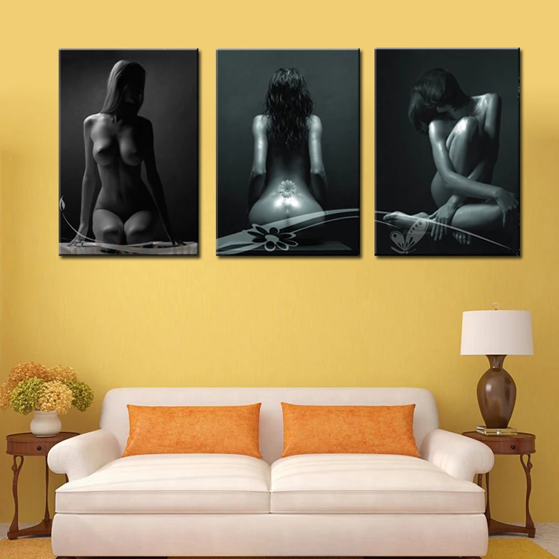 

Frameless 3 Panels Black Background for Sexy Women Nude Back Pictures Canvas Print Modern Wall Art for Bedroom Decoration