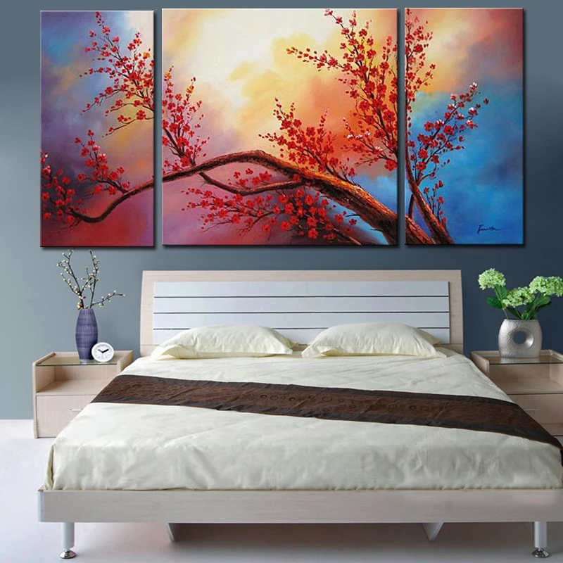 3 Piece Cheap Abstract Modern Wall Painting Red flower Home Decorative