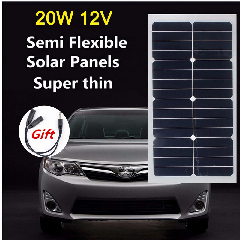 

Solar Panel 12V 20W Monocrystalline Energy Semi Flexible Solar Cell Sunpower for RV Car Boat PV Poly Solar Module Panel Charger