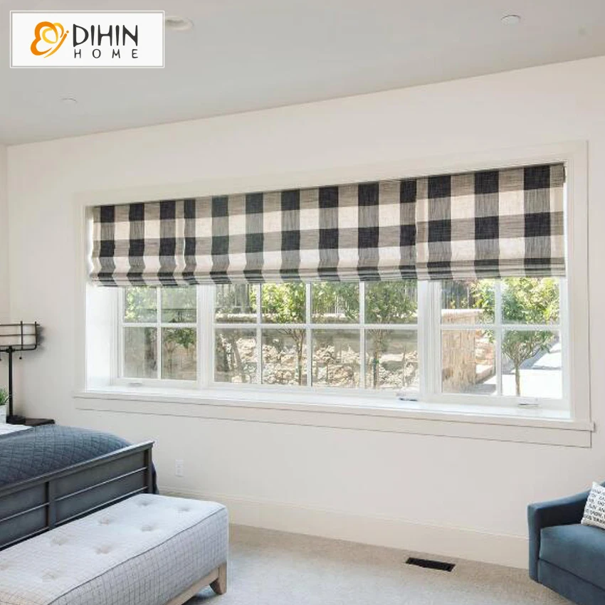 Modern Plaid Printed Cotton/Linen Light Filter / Full Blackout Roman