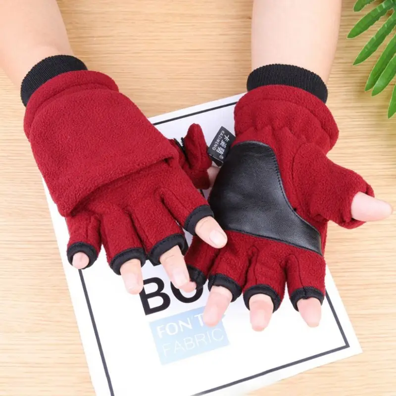 Зимние флисовые перчатки на половину пальца с откидной крышкой, двухслойные Утепленные перчатки без пальцев для сенсорного экрана, рукавицы с подогревом на запястье