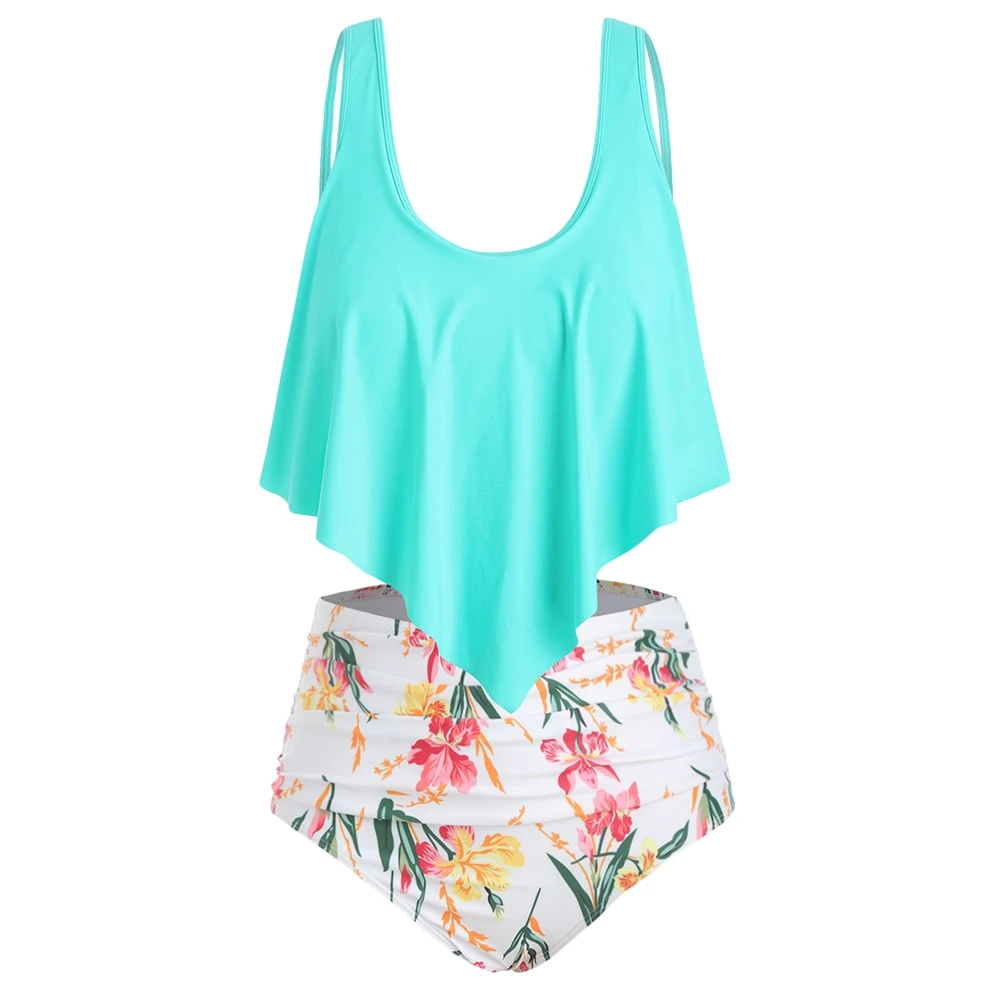 

Flounce Floral Plus Size High Waisted Bikini Set Oversize Bikini swimsuit bikinis 2019 mujer fashion Summer Scoop Neck Elastic