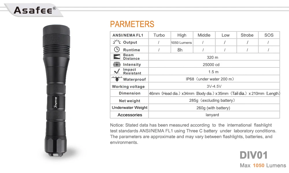 Asafee DIV01 Дайвинг факел CREE XM-L2 (U4) светодиодный фонарик на аккумуляторе для дайвинга подводный светодиодный Дайвинг фонарик + ремешок