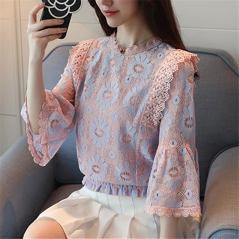 

Mostsuit 2018 New Autumn Lace Femininas Blusas Women High Quality Blouses Sexy Office Shirt Tops Flare Sleeve O-neck Tunic Top