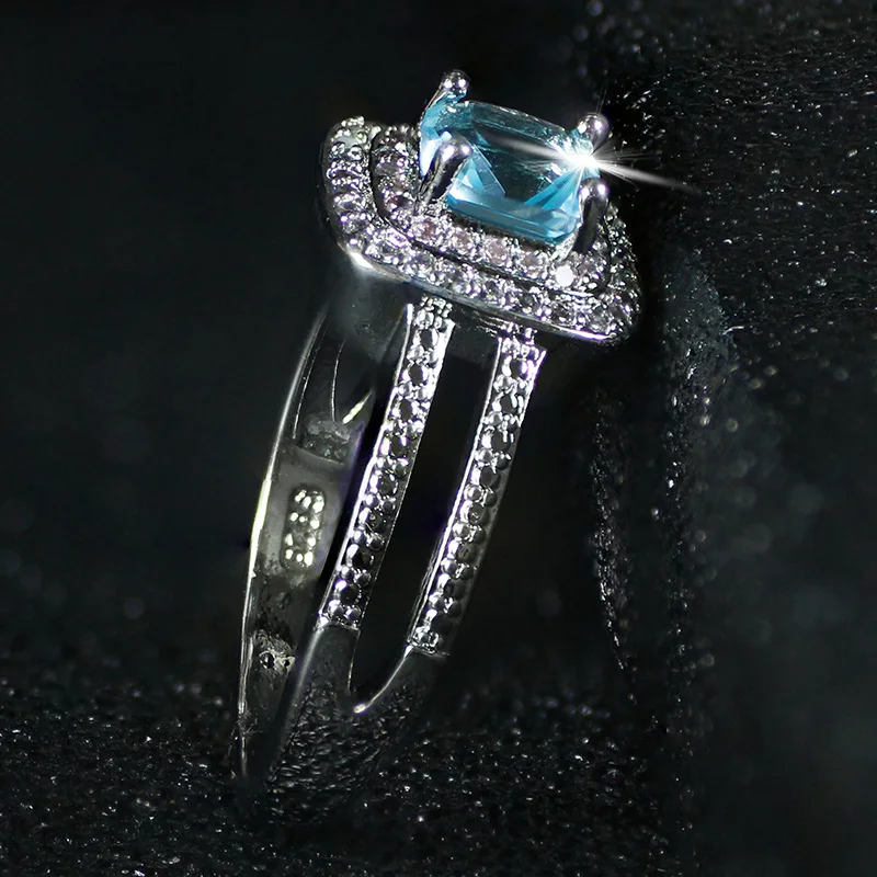 925 пробы Серебряная подушка из циркония розового и голубого цвета обручальное кольцо для женщин и женщин, женские свадебные кольца r4994