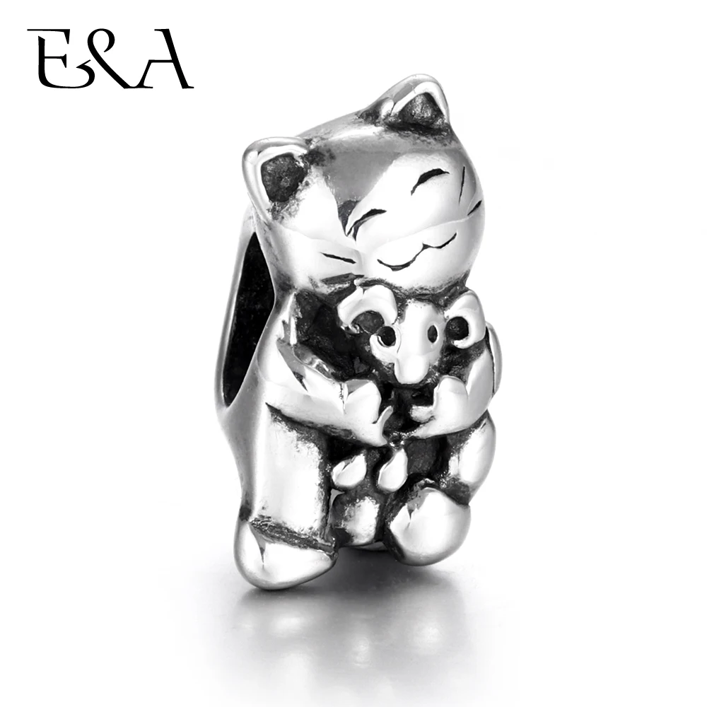 

Stainless Steel Beads Cat and Mouse 5mm Hole Blacken Animal Charms Metal European Bead Supplies Bracelet Making DIY Jewelry Bead