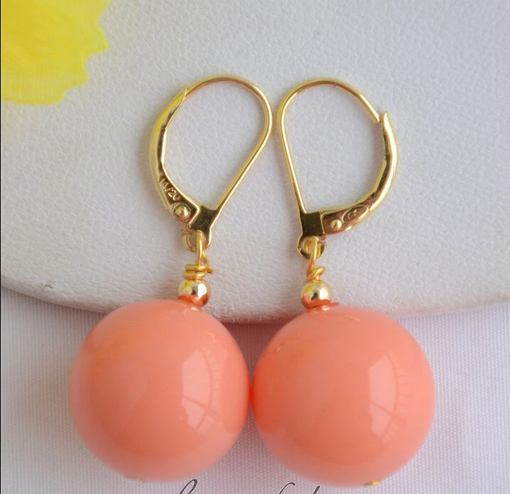 

z6543 16MM ROUND PINK CORAL SOUTH SEA SHELL PEARL DANGLE EARRING