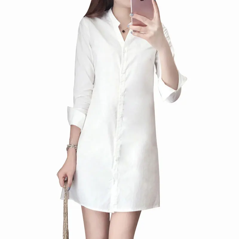 Spring Autumn Women's Long Slim White Shirt V Neck Long Sleeve Women ...