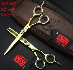 Япония KASHO Профессиональный 440C 6.0 5.5 дюймов ножницы парикмахерские ножницы Парикмахерская резки Истончение волос ножницы комплект