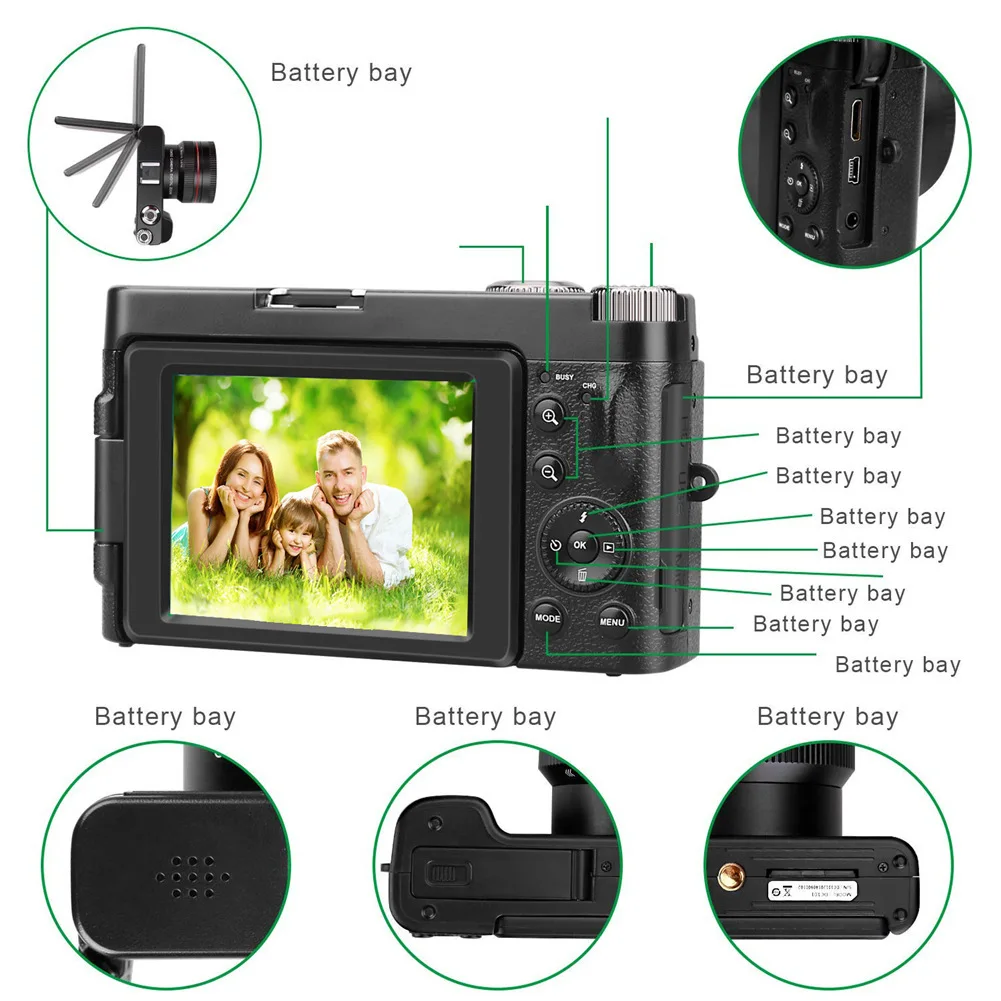 Цифровая камера видеокамера, 3," HD 1080P экран с широкоугольным объективом, Wi-Fi, распознавание лица, вспышка светильник, 16-кратный зум зеркальная камера