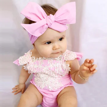 

Newborn Baby Bodysuit For Girls Pink Sleeveless Lace Romper Novelty Summer Baby Girl Rompers + Bow Headband Outfits