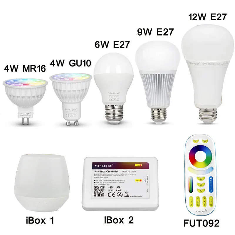 

Milight 2.4G 4W 6W 9W 12W GU10 E27 MR16 RGB CCT RGBW RGBWW LED Bulb & 4-Zone RF Remote Control & Wifi Controller iBox