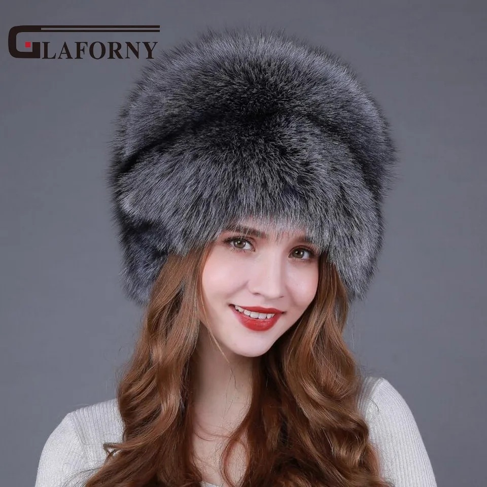 Glaforny 2018 модные шапки из меха серебристой лисы женские зимние лисьего