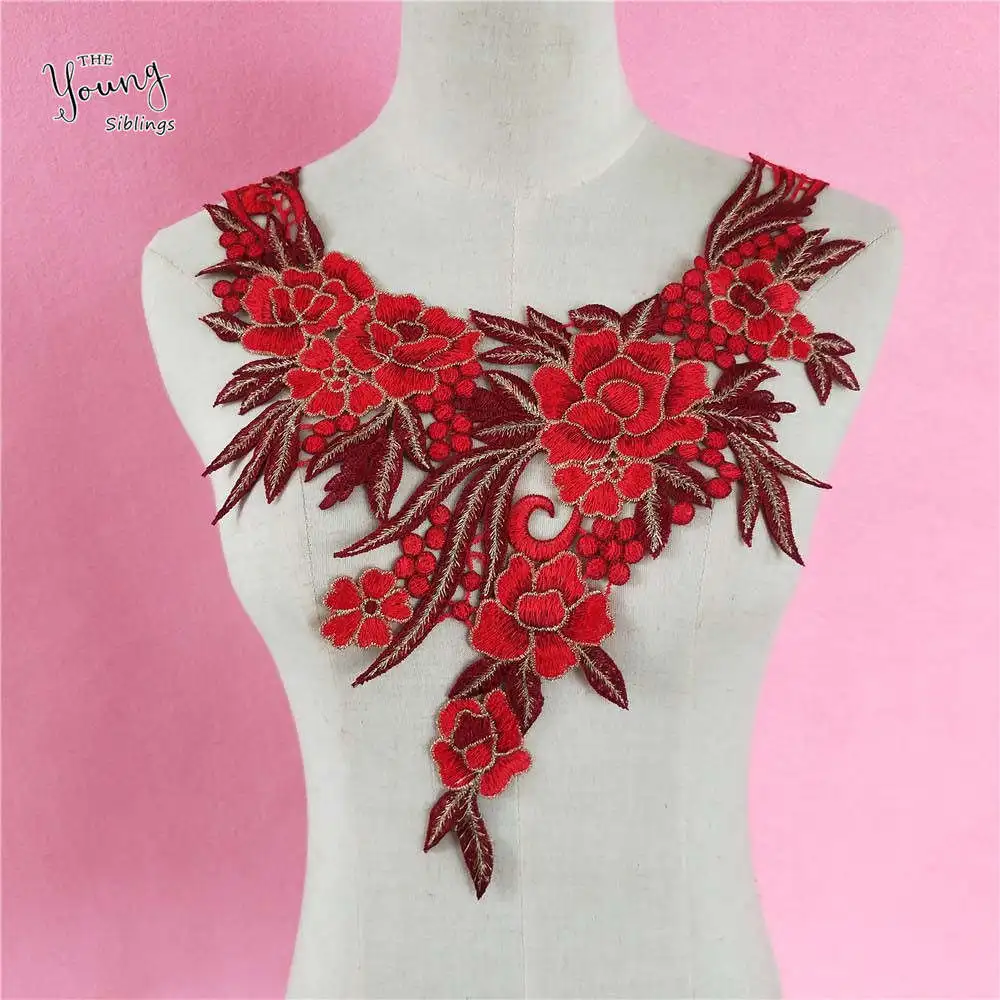 

New arrive Venise red Embroidered lace Collar DIY Clothes Trim Sewing Applique Embellishments Trims Apparel Fabric 1PCS sell