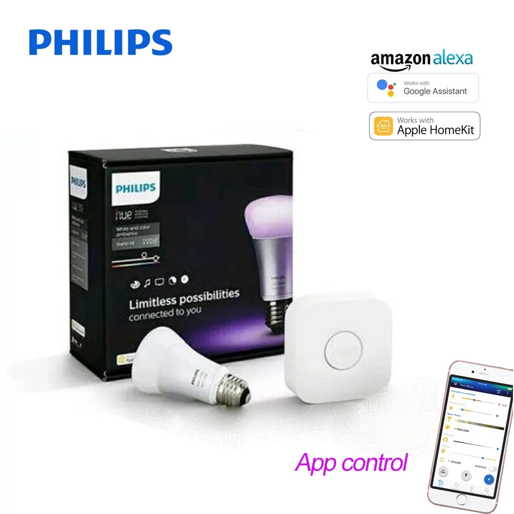 Philips Hue Smart E27 LED Bulb+Bridge Works with Alexa 9.5W Light