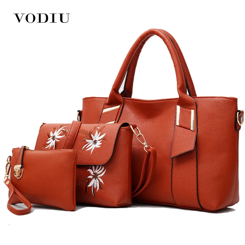 

Women Bag Female Handbags 3 Pcs Bags Leather Over Shoulder Bag Crossbody 2018 Embroidered Red High Quality Girls Tote Set Bags