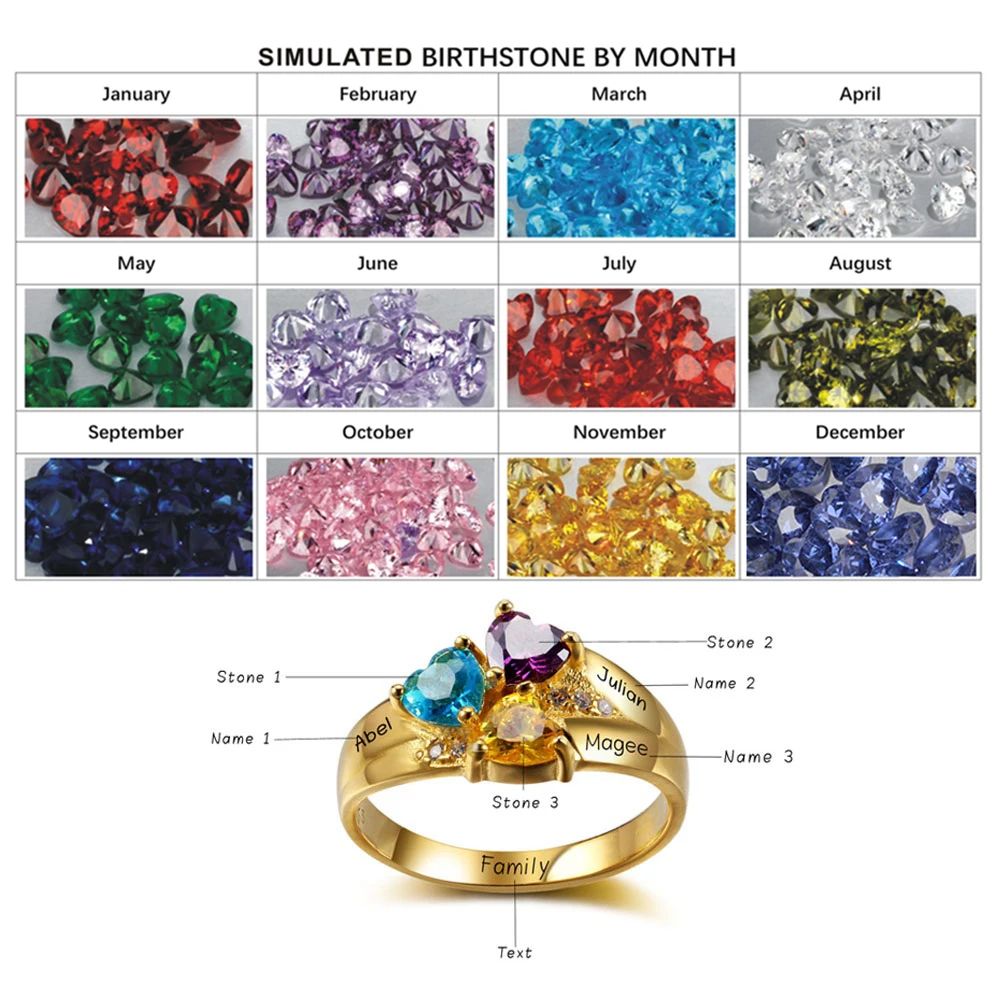 Personalised Rings Engrave Jewelry 3 Heart Birthstones 925 Sterling Silver Love Mother Rings Gift For Mommy (JewelOra RI102344)