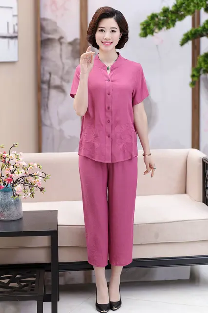 Women's Summer 2 PCS T Shirt and Pant Sets Woman Cotton Linen Tops Trousers Twinet Embroidery 