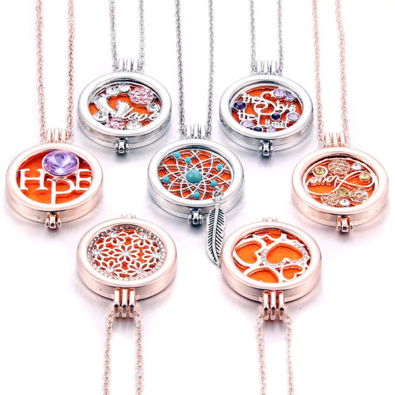 

New Aroma Diffuser Necklace Rose gold&silver Flower dream catcher With rhinestone Perfume Aromatherapy lockets pendant necklace
