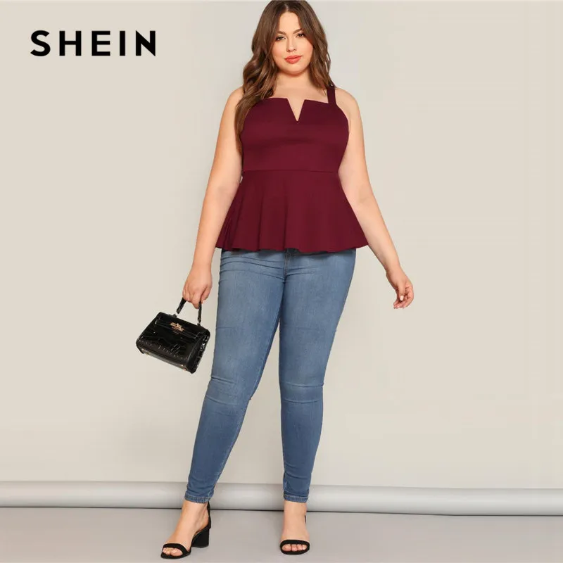 SHEIN размера плюс с v-образным вырезом с глубоким вырезом, длинная баска, Для женщин Лето бордовый элегантные оборки по краям, жилет карако пикантные однотонные Майки Топы