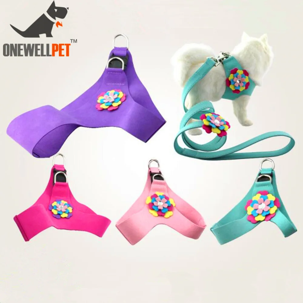 Onewellpet Brand Korean Velvet Pet Harnesses With Rhinestones And Floral Also 120cm Leashes For