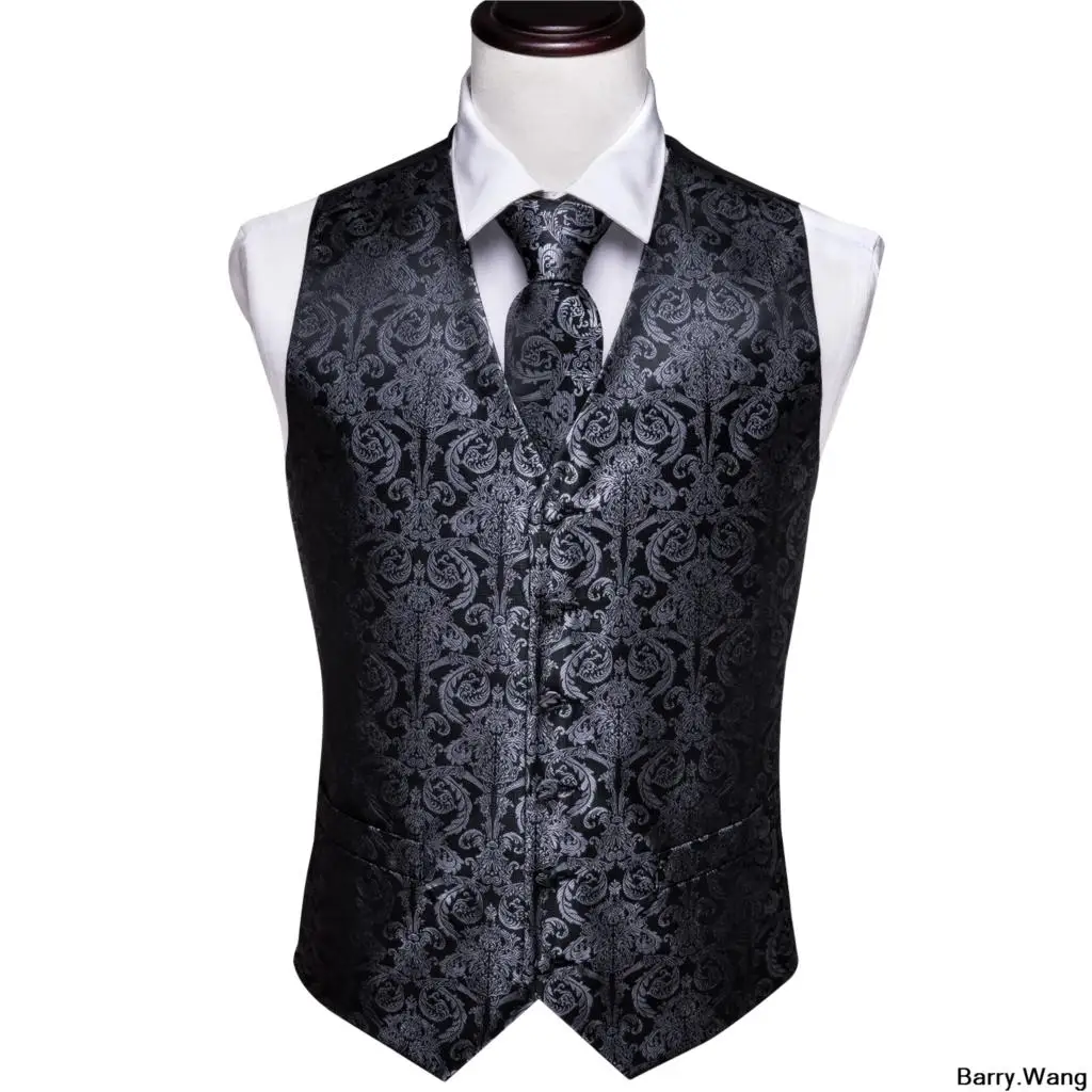 blazer for men wedding Designer Mens Classic Black Paisley Jacquard Folral Silk Waistcoat Vests Handkerchief Tie Vest Suit Pocket Square Set Barry.Wang casual blazer