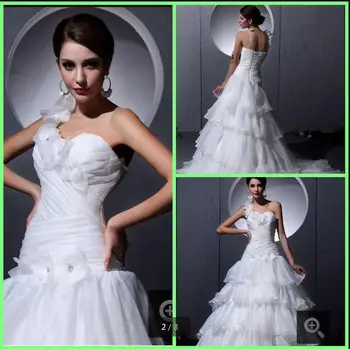 

Organza latest One-Shoulder mermaid Wedding Dress with Ruffles and Flowers pleated bride dress puffy corset wedding gowns
