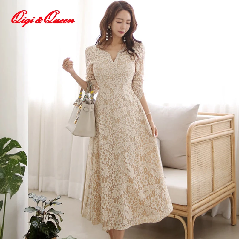 

Qiqi & Queen Temperate A-line Lace Dress Women Spring Full Sleeve Long Swing Dresses OL Special Occasion Evening Party Vestidos
