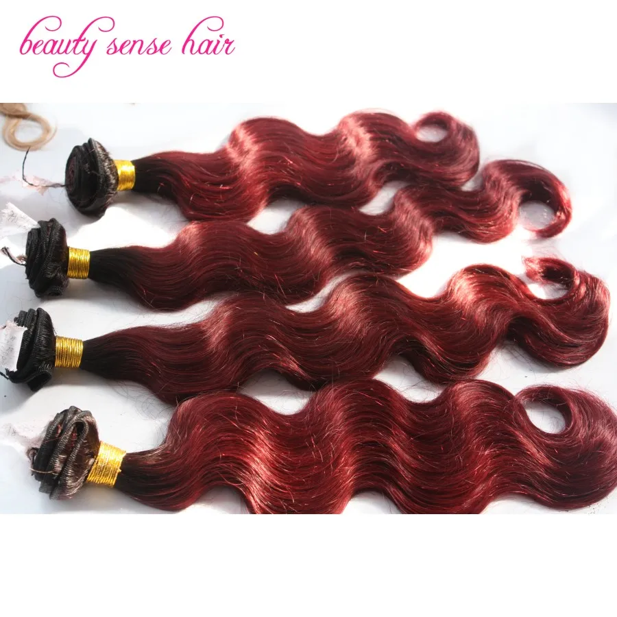 

Beautiful Brazilian Body wave hair weaving 100% virgin Brazilian Human hair extensions Ombre #1b/#99j Red hair weaving on sale
