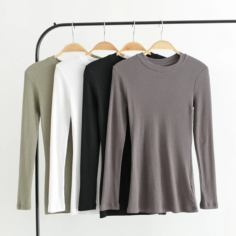Women Crew Neck Ribbed  Long Sleeve Slim Fit T-shirt For size XS/S