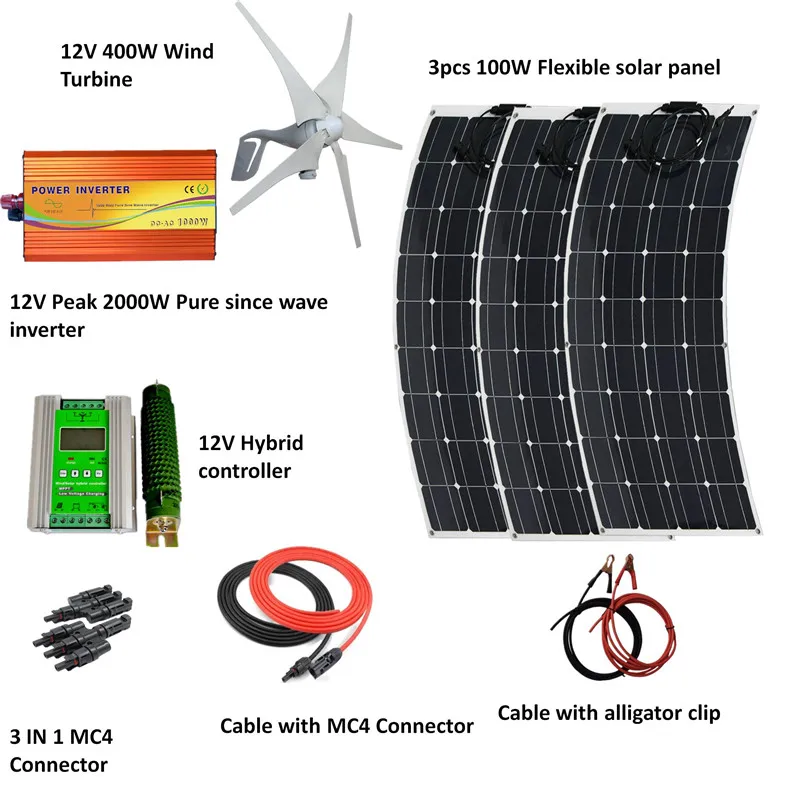 700W wind solar hybrid system: 300W flexible panel 400W Wind Turbine Generator peak 2000w pure since wave inverter controller |