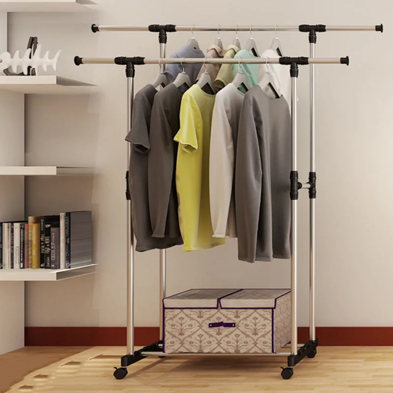 Double Folding Metal Coat Rack Clothes Rail Hanging Garment Dress Coat Storage Shelf With Wheels Simple Shoe Rack Home Furniture