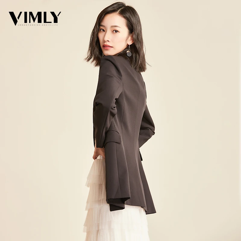 Женский блейзер Vimly офисный однотонный двубортный с карманами и длинным рукавом